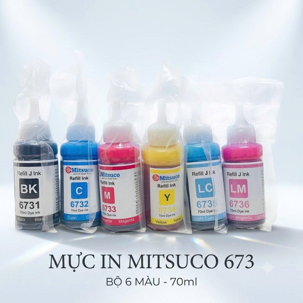 Mực nạp máy in ảnh Epson L805 L1800 Mitsuco 673 - Đủ 6 màu BK/C/M/Y/LC/LM chất lượng Studio [SẴN VAT