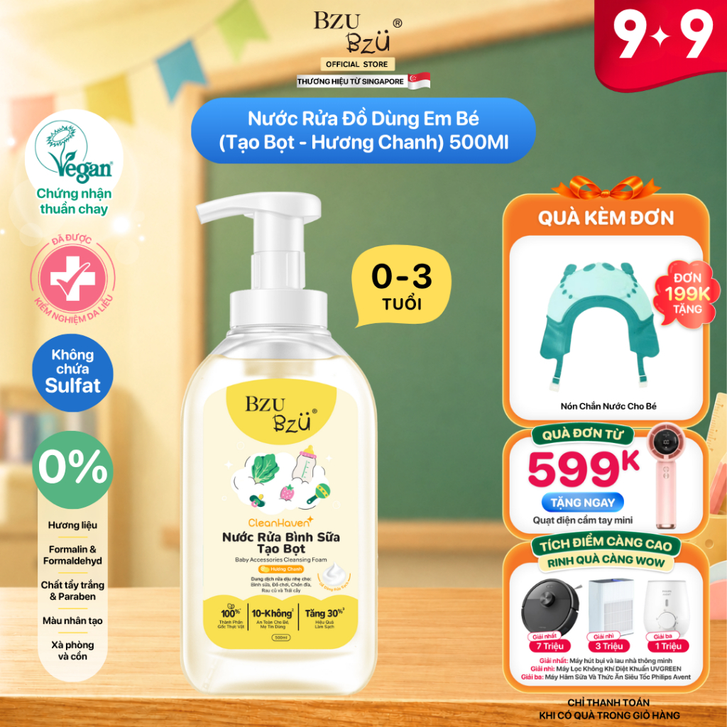 [Phiên bản mới] Nước Rửa Bình Sữa, Rau Củ Và Đồ Dùng Em Bé Thuần Chay BZU BZU Cleansing Foam CleanHa