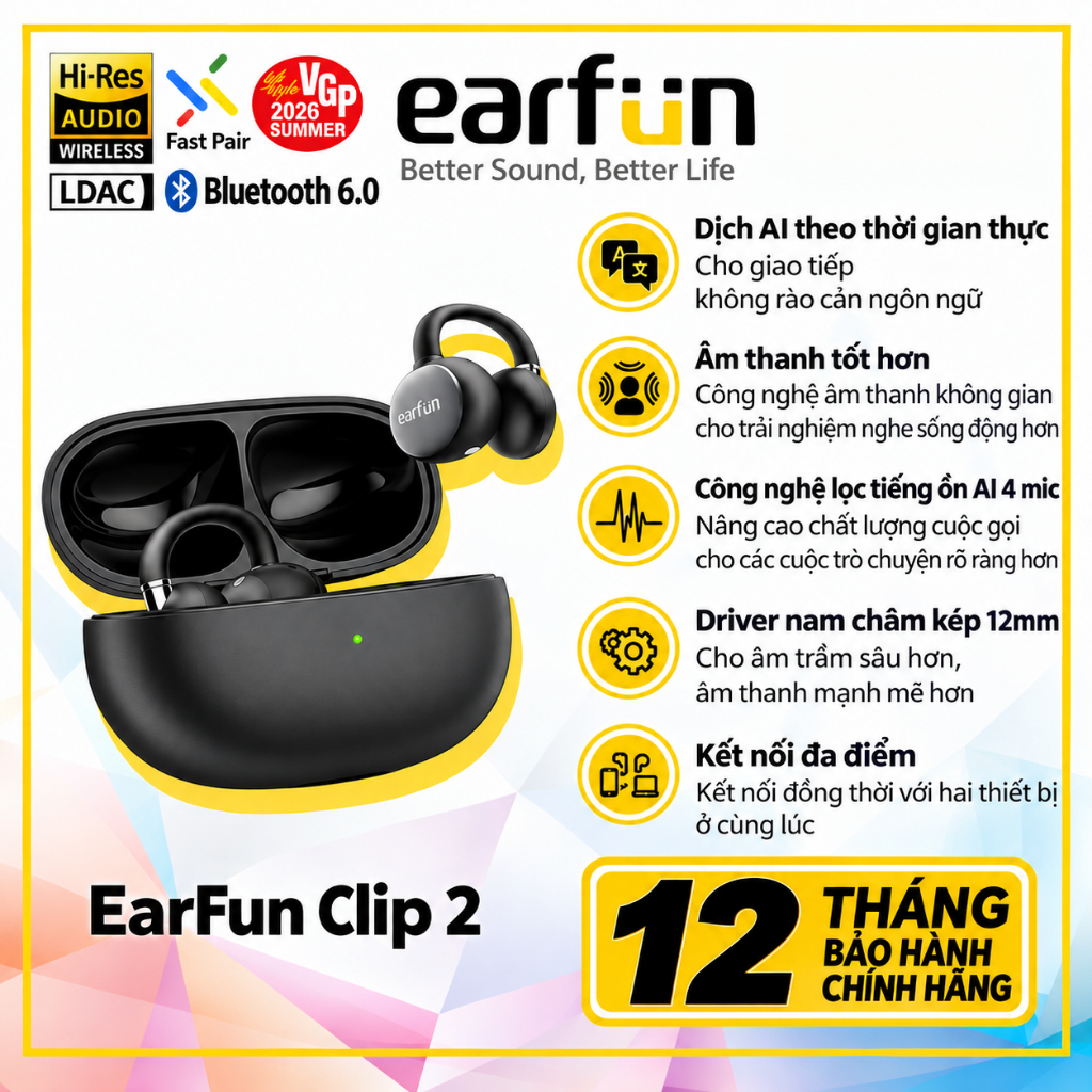 Tai nghe Bluetooth Earfun Clip 2 (Open-Ear) Bluetooth 6.0, Hi-Res LDAC, Pin 40h, Dịch thuật AI