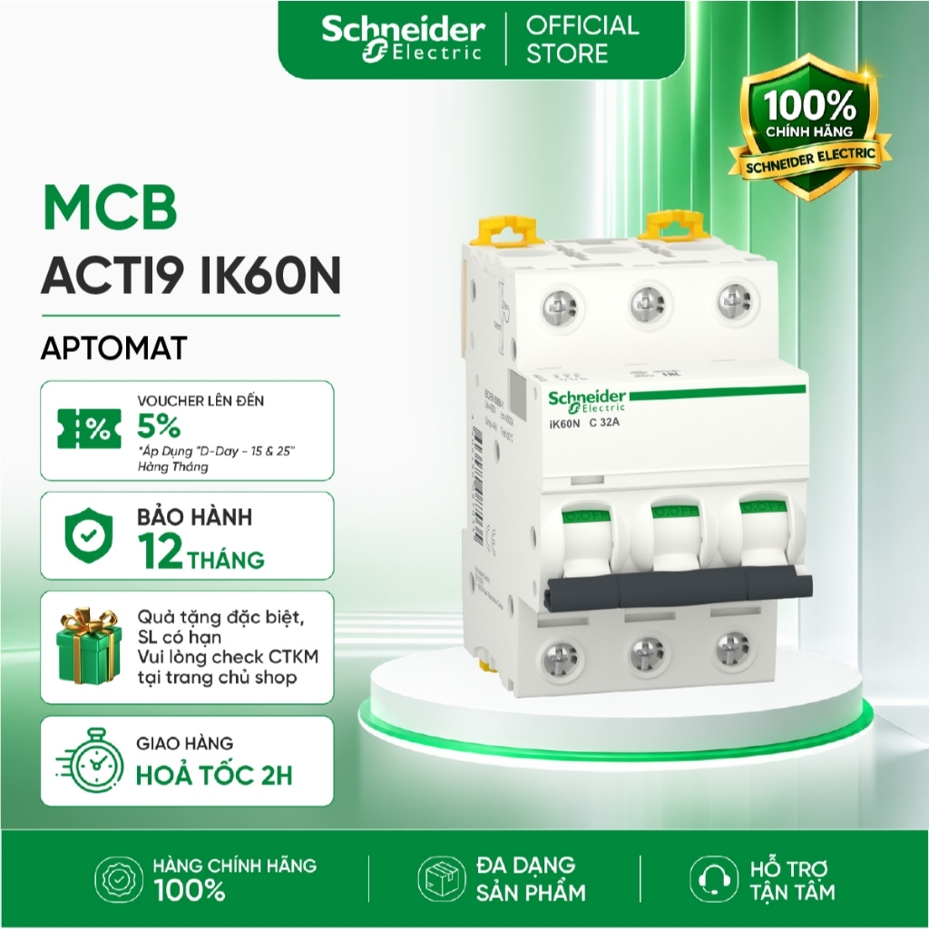 Aptomat MCB 3P 6kA dòng Acti9 iK60N - A9K24306 A9K24310 A9K24316 A9K24320 A9K24325 A9K24332 A9K24340