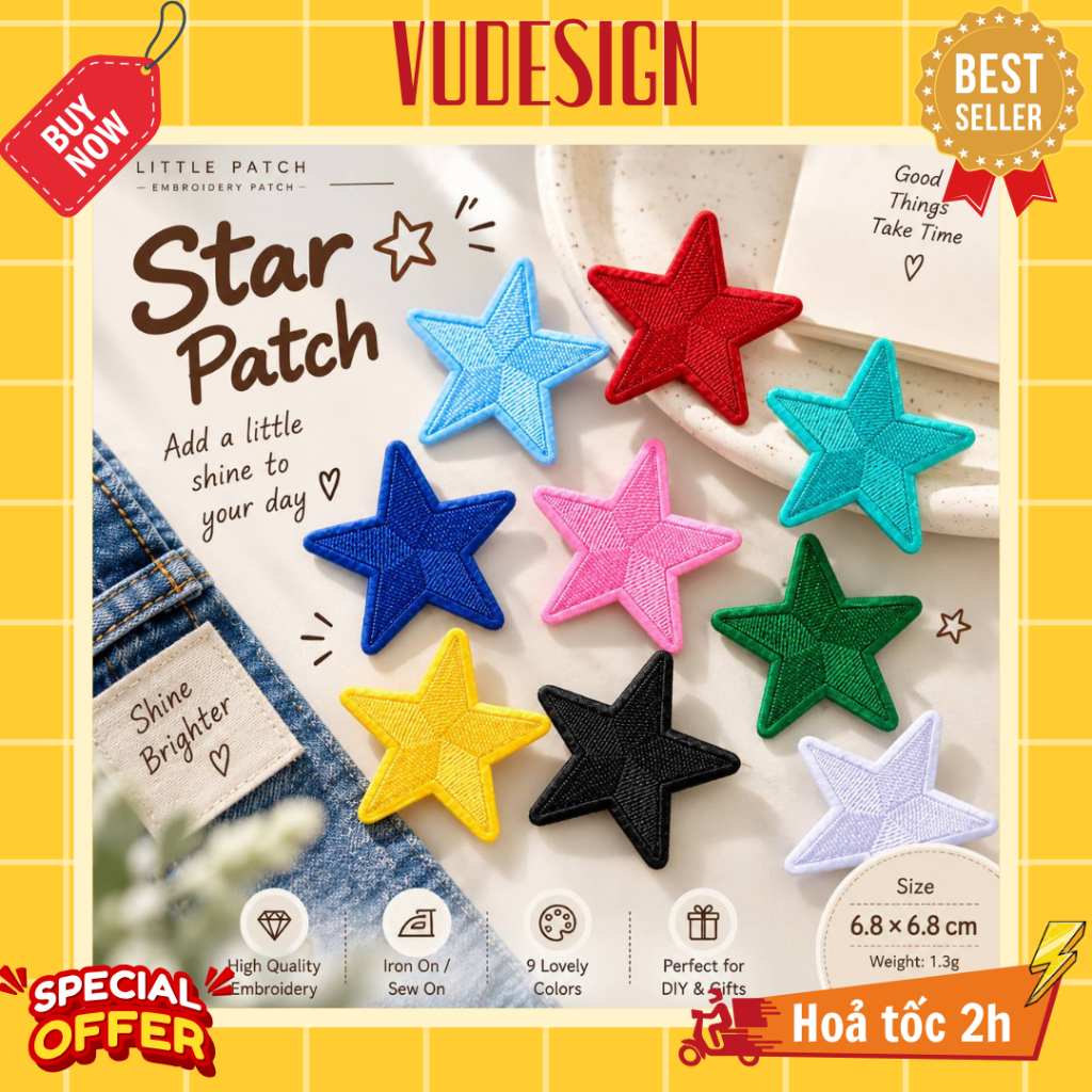 Sticker Vải, Sticker Ủi Thêu Quần Áo, Balo Ngôi Sao Năm Cánh Nhiều Màu Star Vudesign