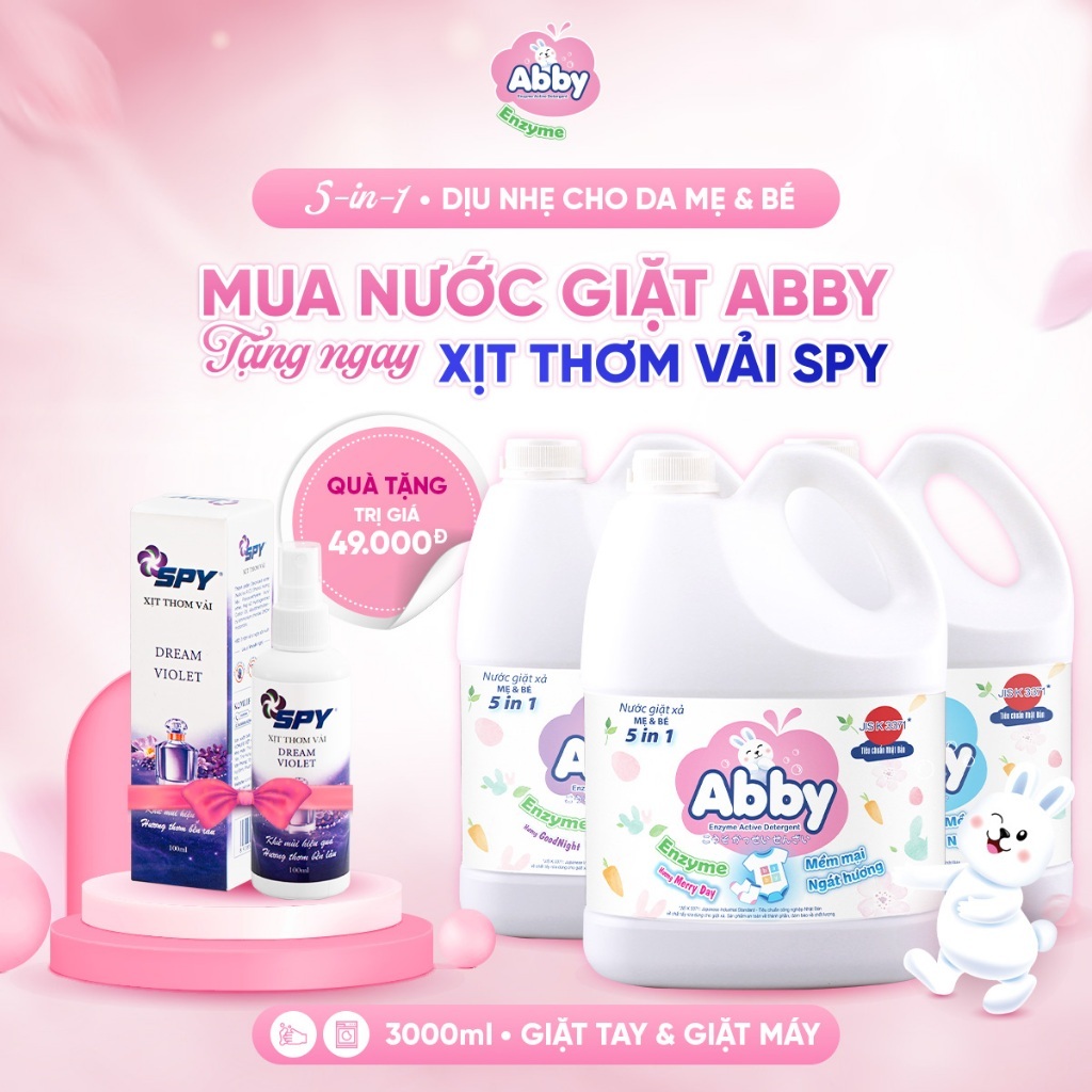 [TẶNG 3 LỌ XỊT VẢI] Thùng ABBY Nước Giặt Xả ABBY Cho Mẹ Và Bé 3000ml – Làm Sạch Dịu Nhẹ, Công Nghệ E