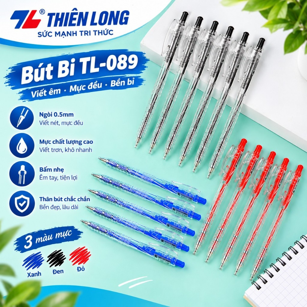 Combo Bút Bi Thiên Long TL-089 0.5mm Chính Hãng, Bút Bi Bấm Viết Êm Mực Đều