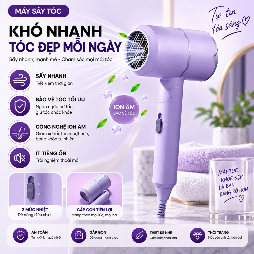 Máy Sấy Tóc Gấp Gọn 2 Chiều Nóng Lạnh, 3 Chế Độ Nhiệt, Ánh Sáng Xanh, An Toàn Cho Du Lịch, Gia Đình