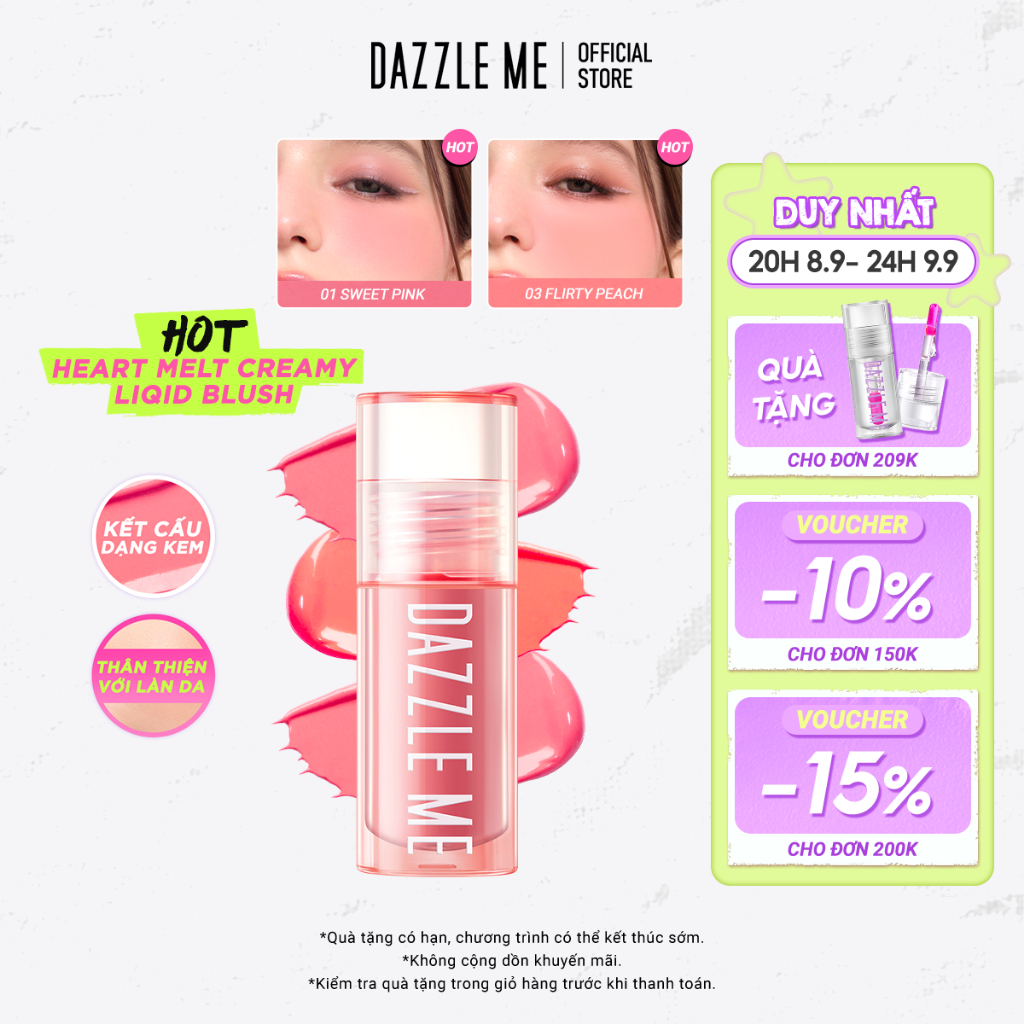 DAZZLE ME Kem Má Hồng Chống Thấm Nước Mồ Hôi Ửng Hồng Tự Nhiên Heart-Melt Creamy Liquid Blush 2.5g