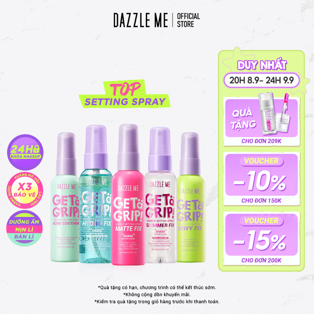 Xịt Khóa makeup Nền DAZZLE ME Setting Spray Dewy Fix Cố Định Trang Điểm Lâu Trôi Cấp Ẩm 60ml