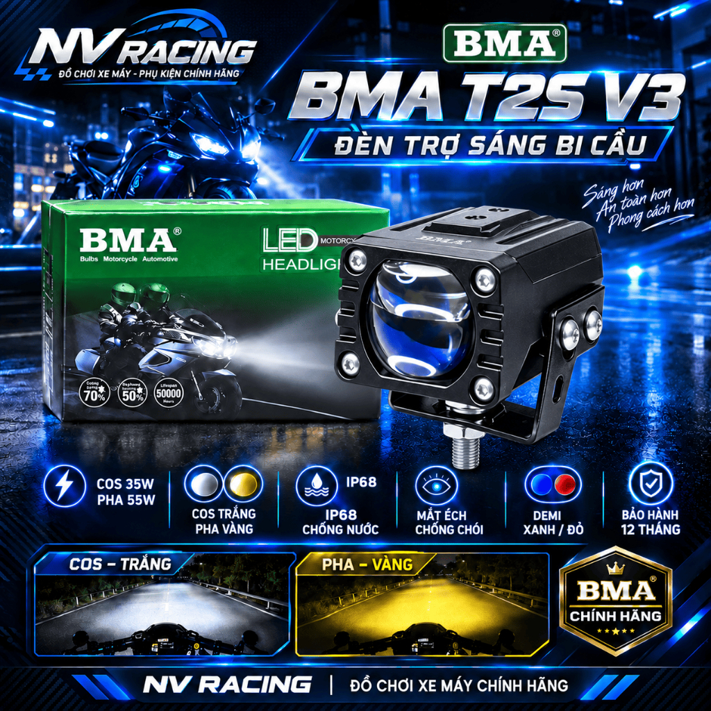 BMA T2S V3, Đèn Trợ Sáng Bi Cầu BMA T2S V3 50W Chính Hãng Chống Nước IP67 Siêu Sáng Cho Xe Máy Ô Tô