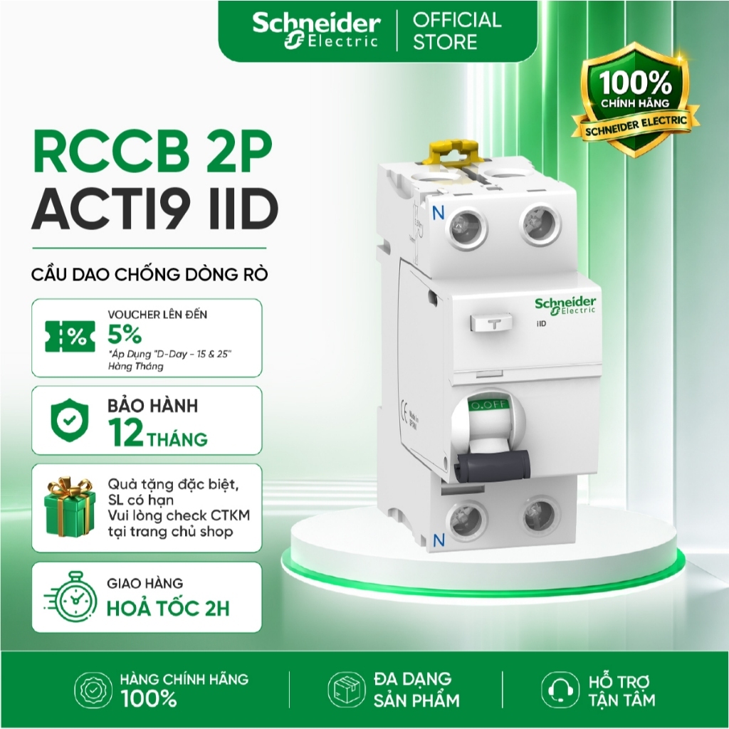 Cầu dao chống dòng rò RCCB 2P 30mA - Dòng Acti9 iID - Schneider Electric - A9R71240 A9R71263