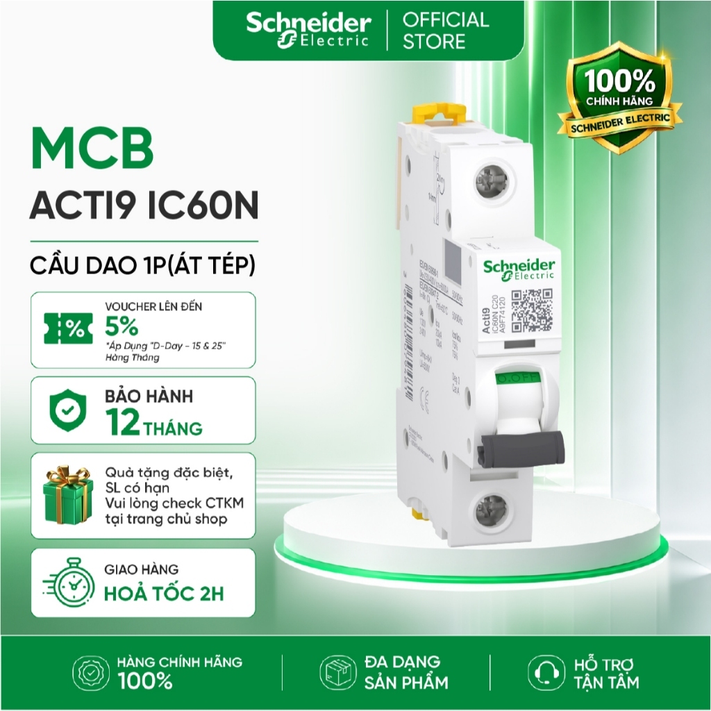 Cầu dao MCB 1P 6kA dòng Acti9 iC60N - Schneider A9F74106 A9F74110 A9F74116 A9F74120 A9F74125 A9F7413
