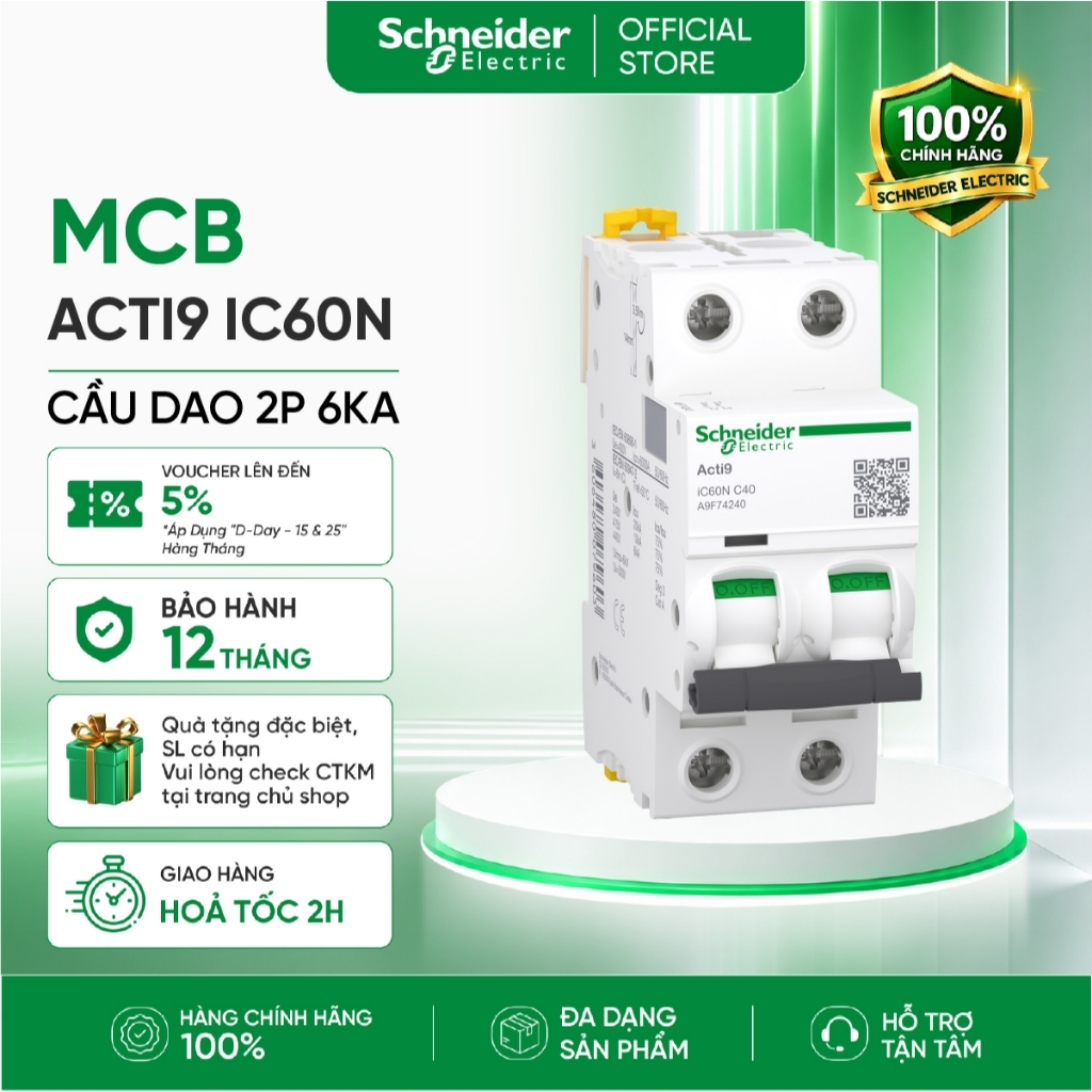 Cầu dao MCB 2P 6kA dòng Acti9 IC60N Schneider Electric - A9F74206 A9F74210 A9F74216 A9F74220 A9F7422