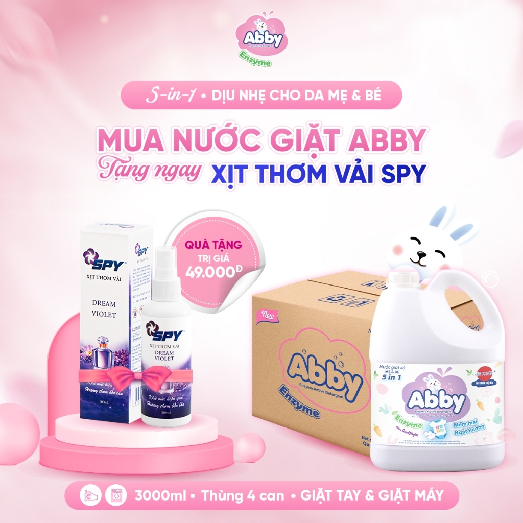 [TẶNG 3 LỌ XỊT VẢI] Thùng ABBY Nước Giặt Xả ABBY Cho Mẹ Và Bé 3000ml – Làm Sạch Dịu Nhẹ, Công Nghệ E