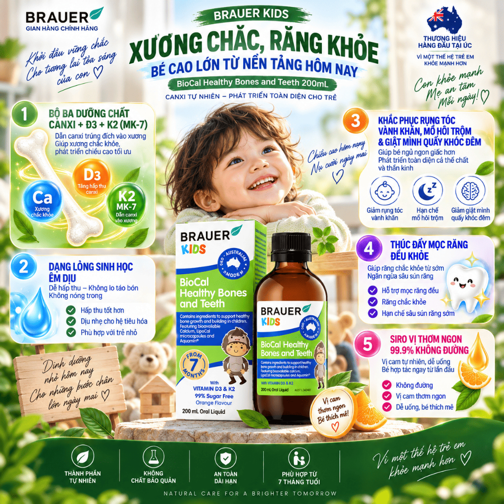 Siro Canxi Sinh Học Brauer Kids BioCal Healthy Bones and Teeth 200ml - Bổ Sung Canxi D3 K2 Cho Bé Từ