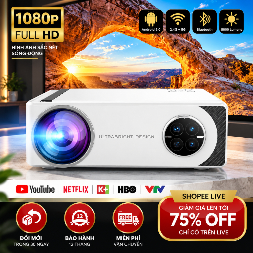 Máy Chiếu Mini KAW K850 Hệ Điều Hành Android, Kết nối laptop, điện thoại, Full HD-Bảo Hành 12 tháng