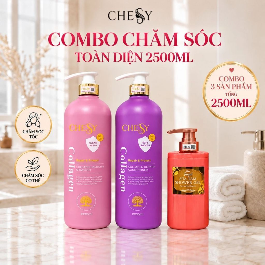 Combo Dầu Gội Xả CHESY Collagen Keratin 1000ml Và Sữa Tắm Bibee Royal Lưu Hương