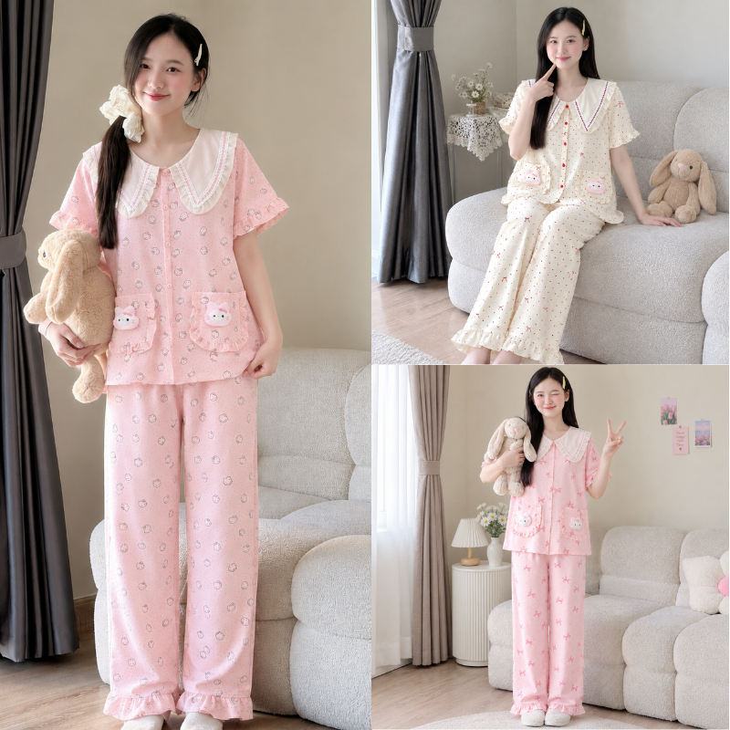 Bộ Đồ Ngủ Nữ Sammy Pijama Chất Đũi Vân Mây Hàn Cổ Nhọn Đính Gấu Túi Áo Siêu Xinh Nhiều Họa Tiết TS02