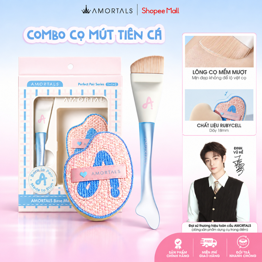 《Amortals》Combo Cọ Mút Tán Kem Nền Amortals Cọ Trang Điểm Cá Nhân Tiên Cá Mềm Mại Tán Nền, Cushion