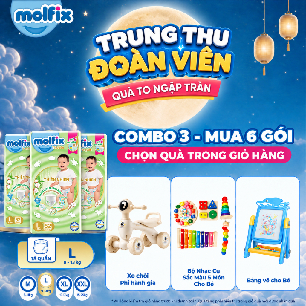 [Mua 6 gói_Chọn QUÀ trong giỏ] Combo 3 Tã/bỉm quần Molfix Thiên nhiên Super Jumbo size M/L/XL/XXL