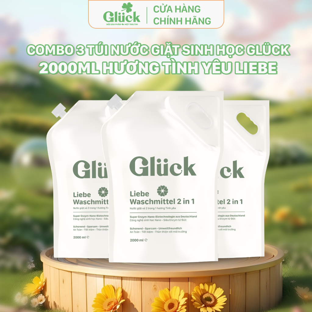 Combo 3 túi nước giặt sinh học GLUCK 2000ml, hương tình yêu Liebe
