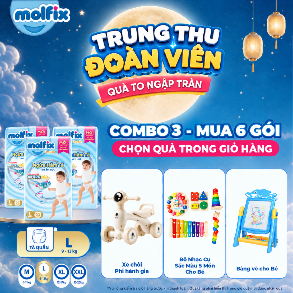[Mua 6 gói_Chọn QUÀ trong giỏ] Combo 3 Tã/bỉm quần Molfix Oxy Super Jumbo giúp Ngừa Hăm Tã size M,L,