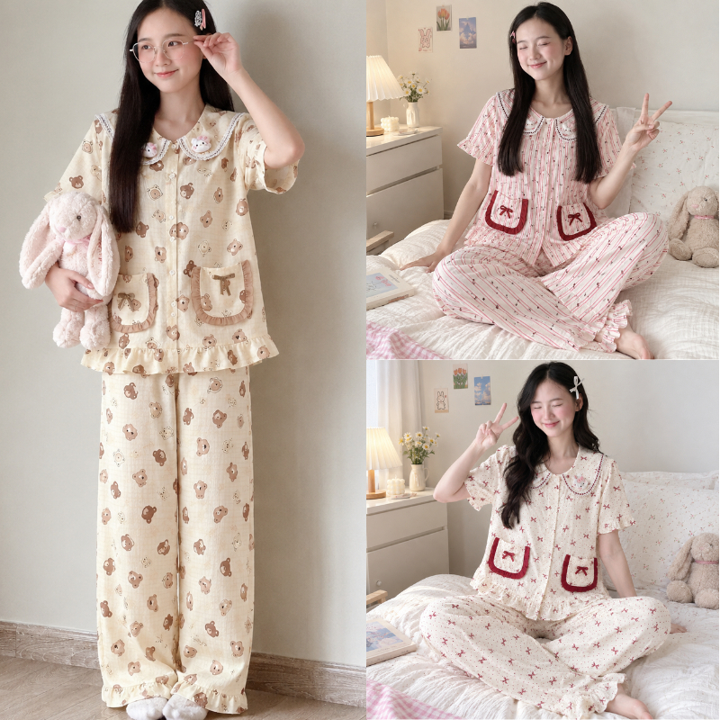 Bộ Đồ Ngủ Nữ Sammy Pijama Đũi Vân Mây Hàn Cổ Đan Viền Ren Đính Gấu Siêu Xinh Nhiều Họa Tiết TS01