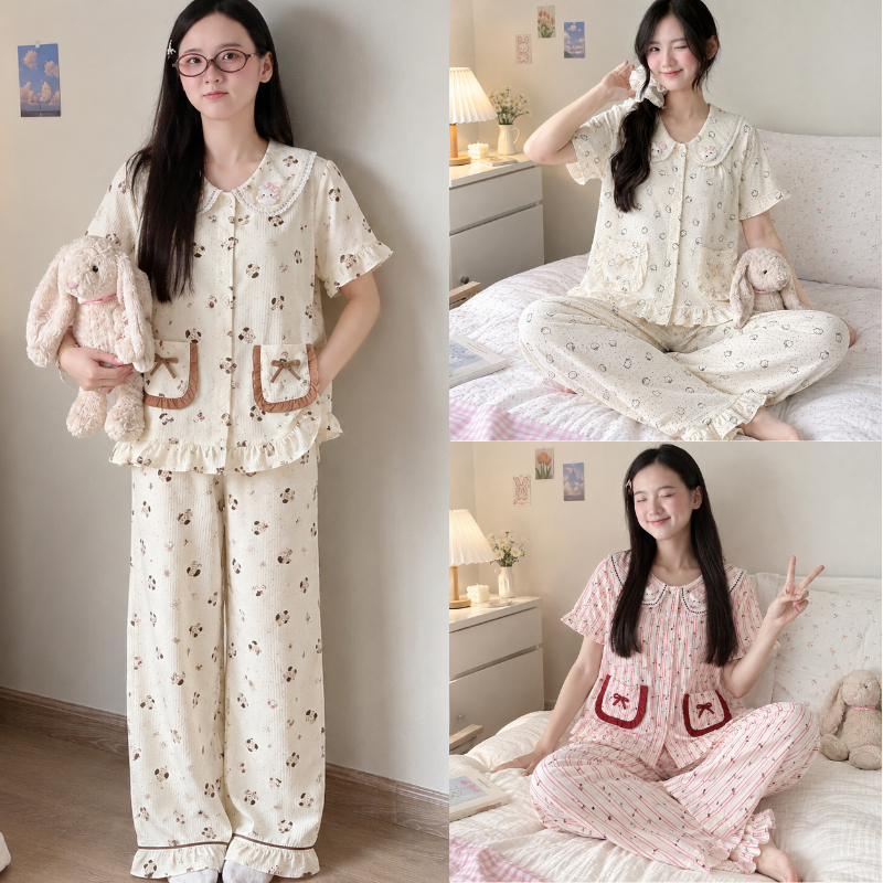 Bộ Đồ Ngủ Nữ Sammy Pijama Chất Đũi Vân Mây Hàn Cổ Đan Viền Rên Đính Gấu Nhiều Họa Tiết TS01