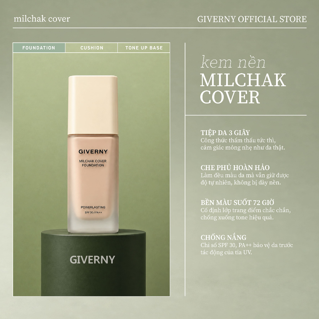 Kem nền Giverny Milchak Cover Foundation che phủ tự nhiên bám da lâu trôi 30ml