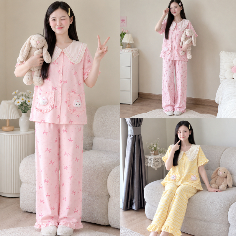 Bộ Đồ Ngủ Nữ Sammy Pijama Đũi Vân Mây Hàn Cổ Nhọn Đính Gấu Ở Túi Áo Nhiều Họa Tiết Dễ Thương TS02
