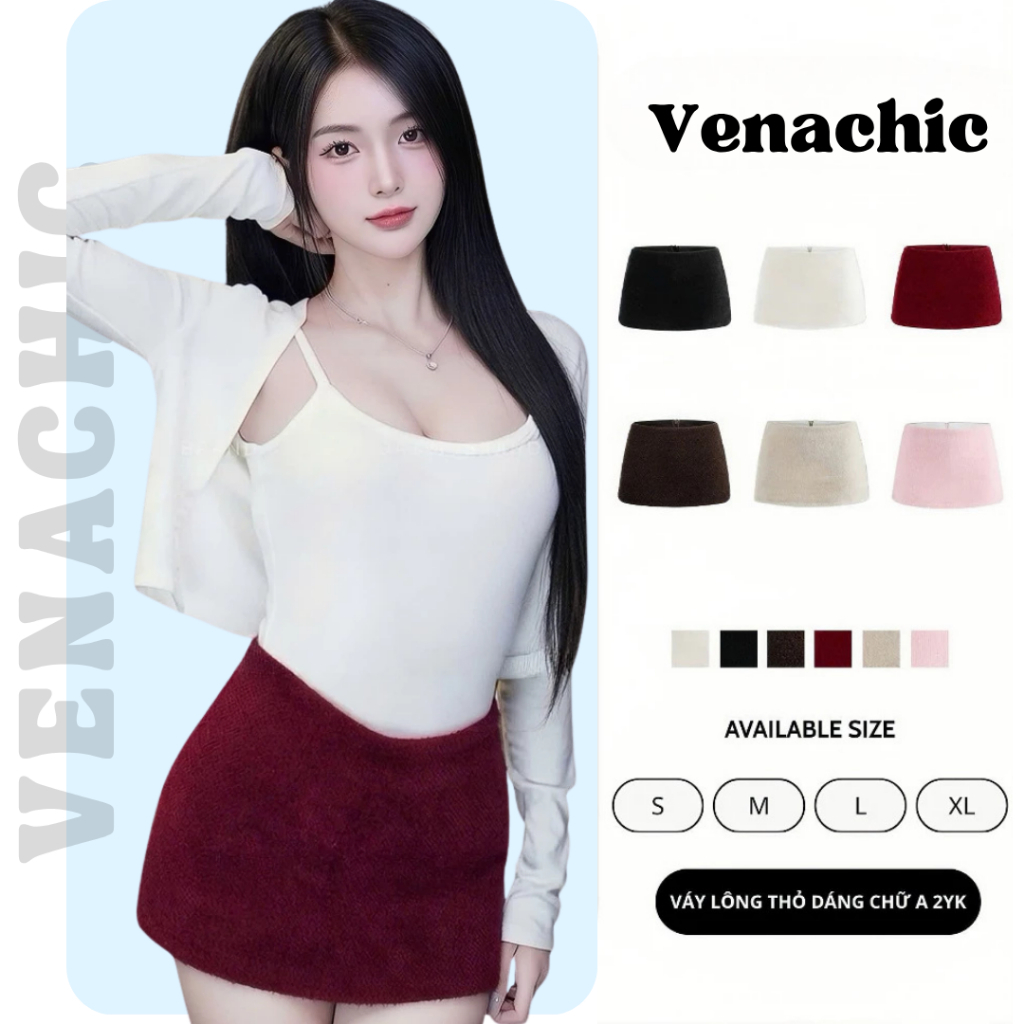 [CÓ KHOÁ KÉO PHÍA SAU] Chân váy nữ vải Lông Thỏ Venachic phong cách Y2K,Chân váy nữ chữ A có lót trong dáng ngắn