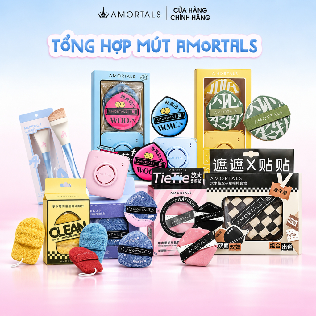 TỔNG HỢP Mút Trang Điểm AMORTALS Chính Hãng Tán Kem Nền và Cushion Đa Năng Với Cọ Và Hộp Đựng
