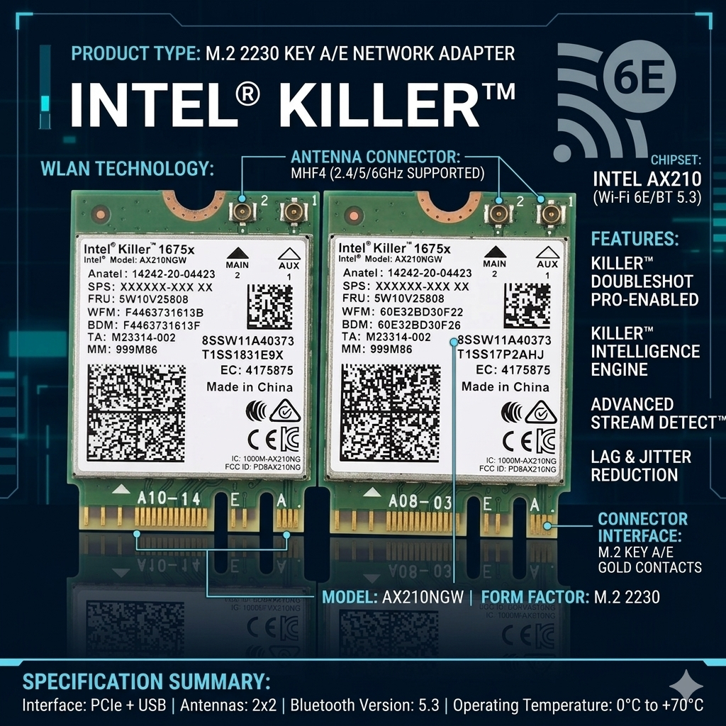 Card Wifi Intel Killer 1675x AX210NGW Chuẩn M.2 Ngff Key A/E Thay Thế Cho Laptop Và PC