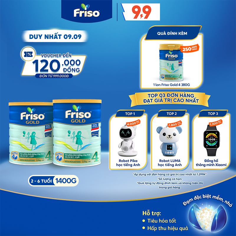 [Tặng 1 Lon Friso Gold 4 380g] Combo 2 Lon Sữa Bột Friso Gold 4 1400g/lon (cho trẻ từ 2-6 tuổi)