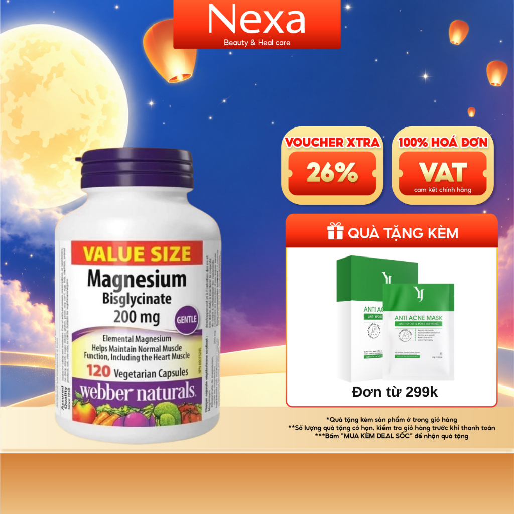 Viên uống Webber Naturals Magnesium Bisglycinate 200mg, Bổ sung Magnesium - Hộp 120 viên