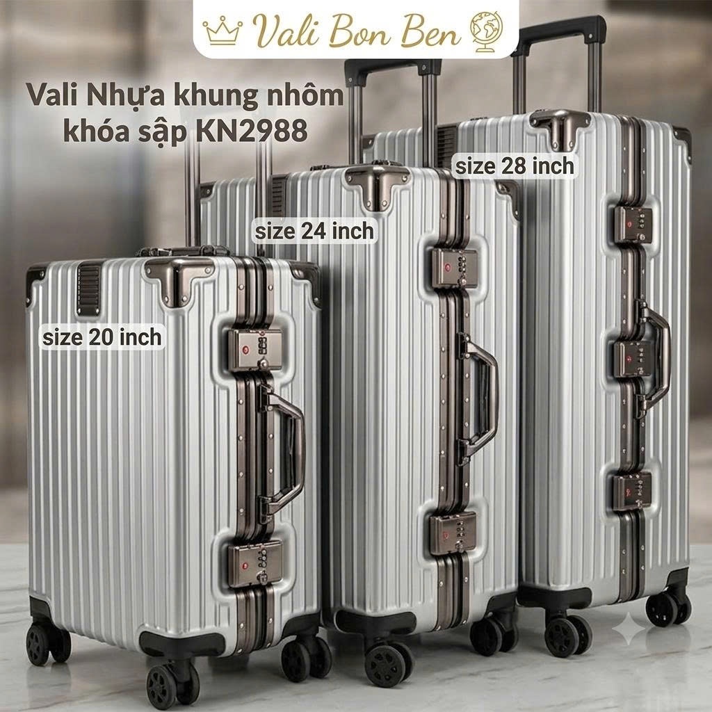 Vali Khung Nhôm Khóa Sập Size 20 - 24 - 28 Inch Bo Góc Kim Loại Chống Bể Vỡ - Vali Bon Ben KN2988