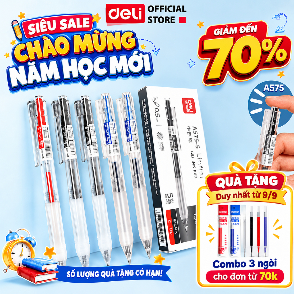 🔥ƯU ĐÃI SỐC🔥 Bút Bi Nước Bút Gel Bấm Ngòi 0.5mm Bút Gel A575 Deli Vỏ Trong Suốt Có Đệm Tay Văn Phòng