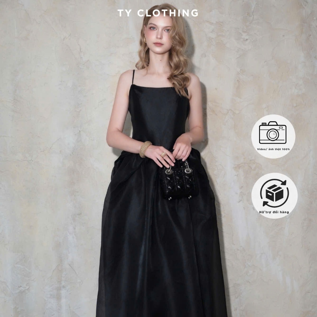 [ TY CLOTHING ] Đầm Hai Dây Đen Dáng Suông Dài 2 Lớp - Chất Voan Lụa - Màu Đen - Hàng Thiết Kế - TY 