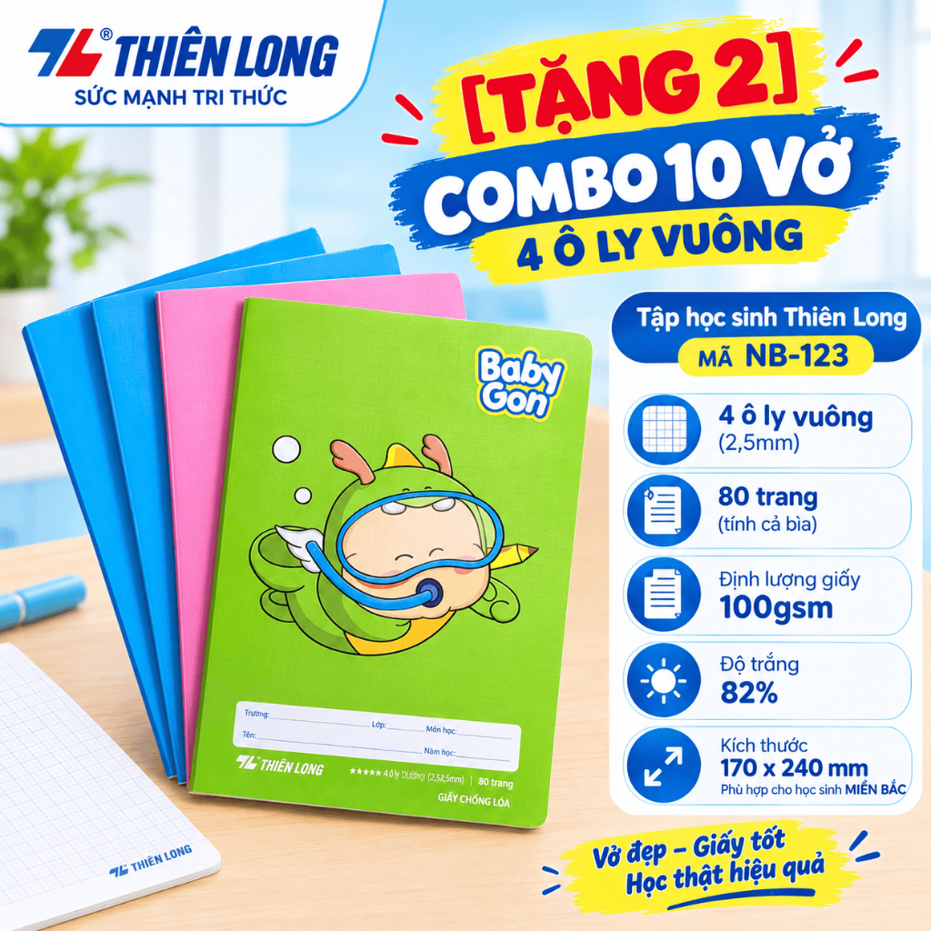 Combo 10 Vở 4 ô ly vuông, tập học sinh Thiên Long 80 trang 2.5mm 100gs NB-123…