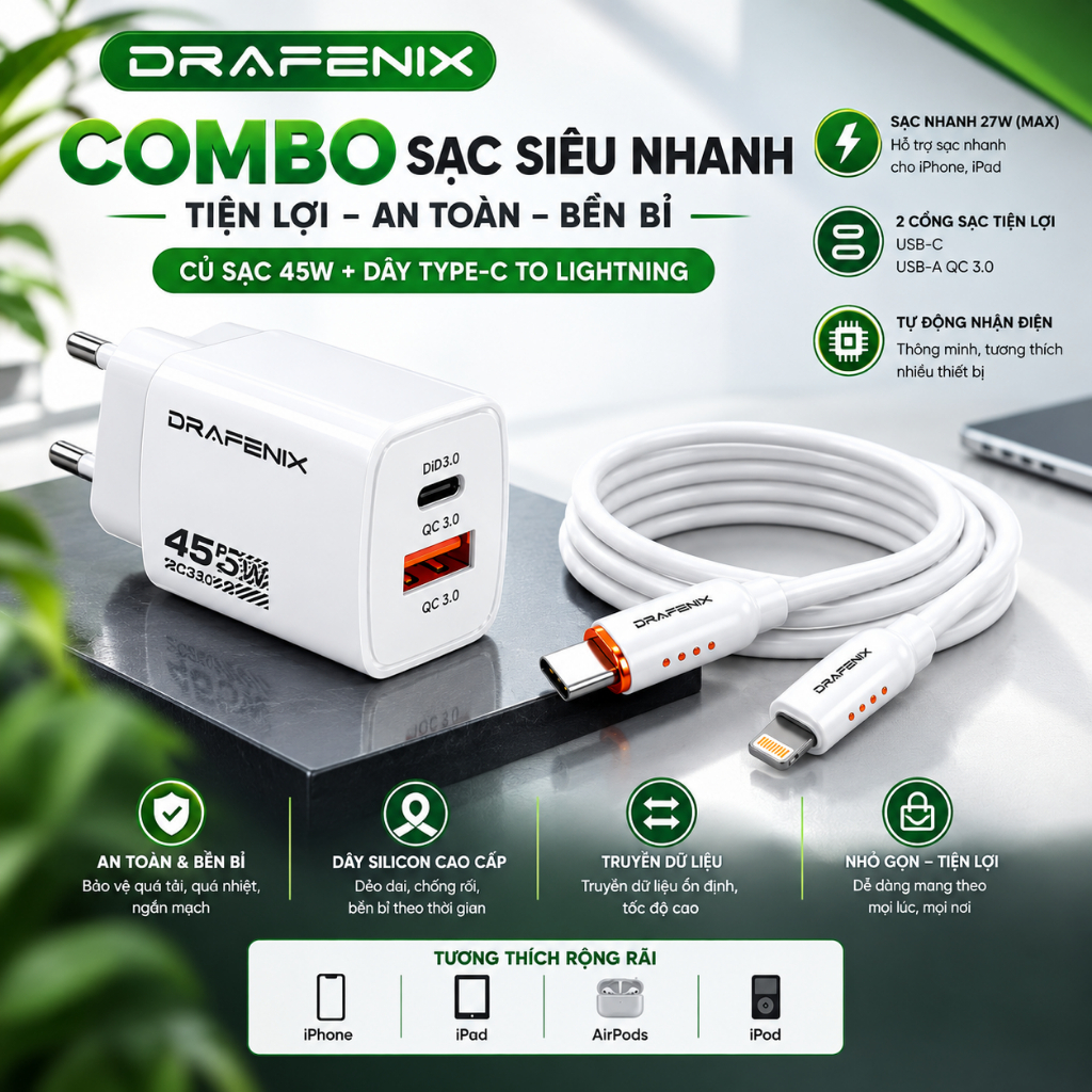 Combo Bộ sạc nhanh 45W W DRAFENIX củ sạc 2 Cổng USB kèm dây Silicon Cao cấp dùng cho IP XS 11 12 13 