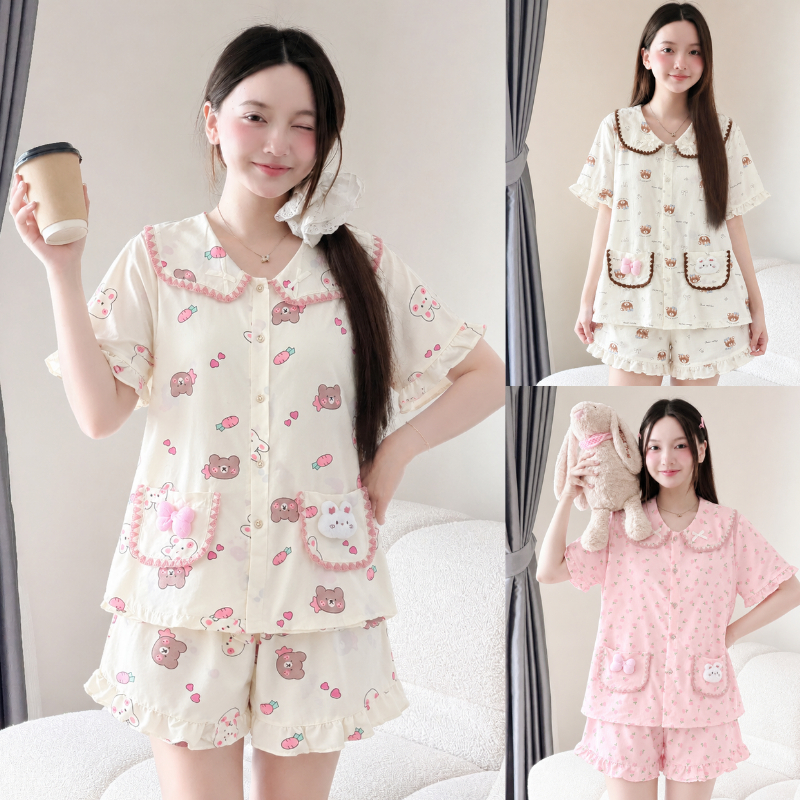 Bộ Đồ Ngủ Nữ Sammy Pijama Chất Đũi Vân Mây Hàn Áo Ngắn Tay Mix Nơ Gấu Túi Nhiều Họa Tiết Dễ Thương TS03