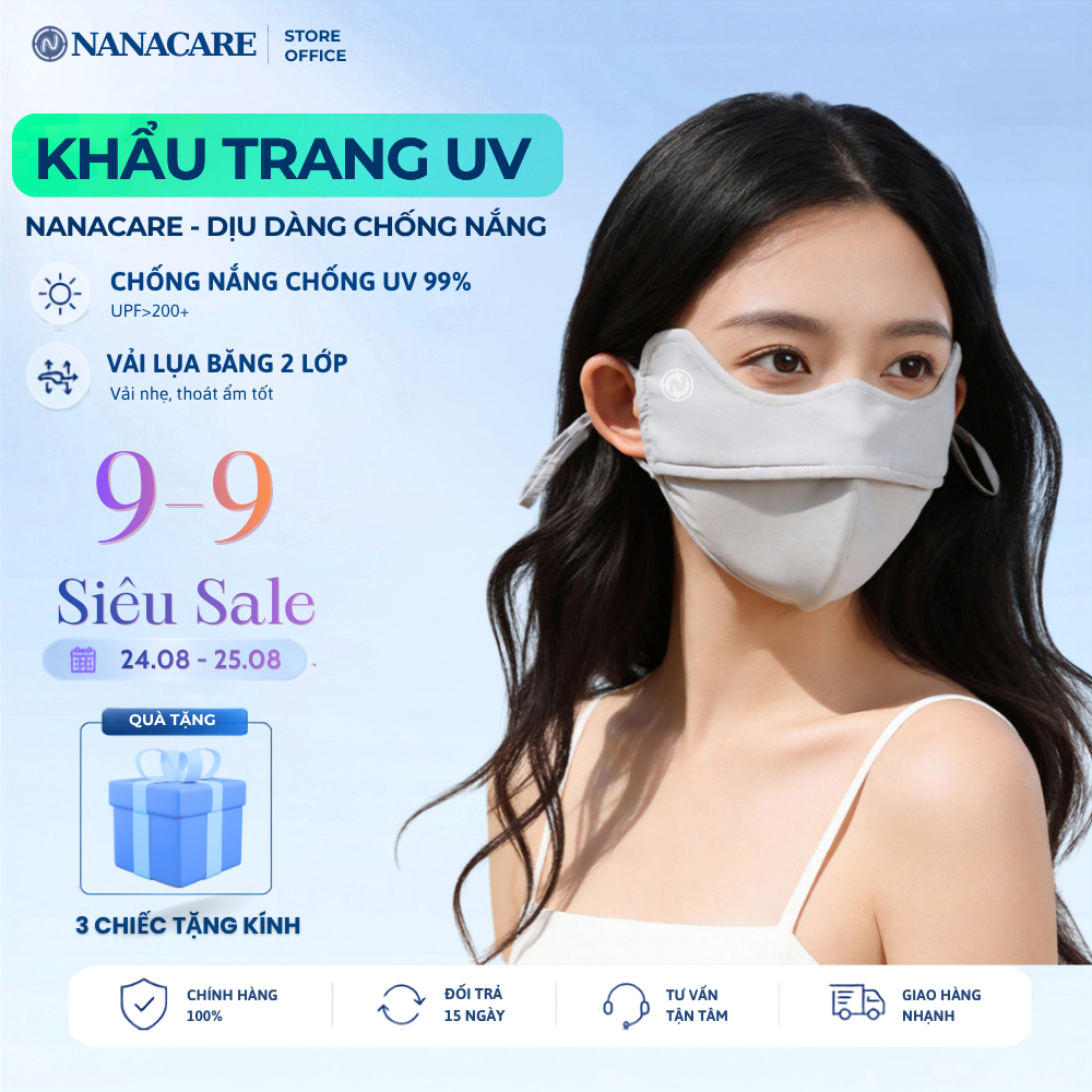 Khẩu trang Chống Nắng Chống Tia UV NANACARE 2 Lớp, Khẩu Trang Vải Lụa Băng Cao Cấp dành cho cả Nam &