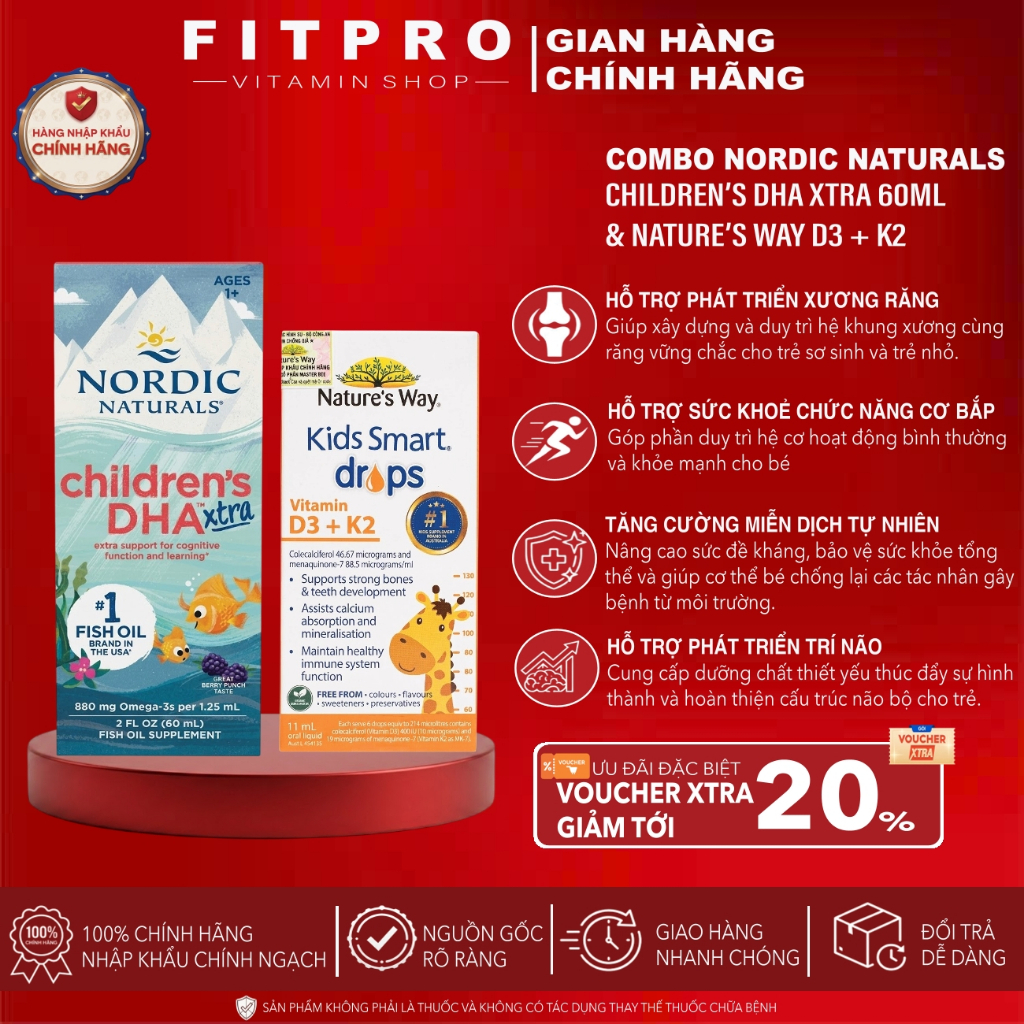 Combo Cao Lớn & Thông Minh Cho Bé từ 1 Tuổi Nordic DHA Xtra + Nature's Way D3K2 Chính Hãng