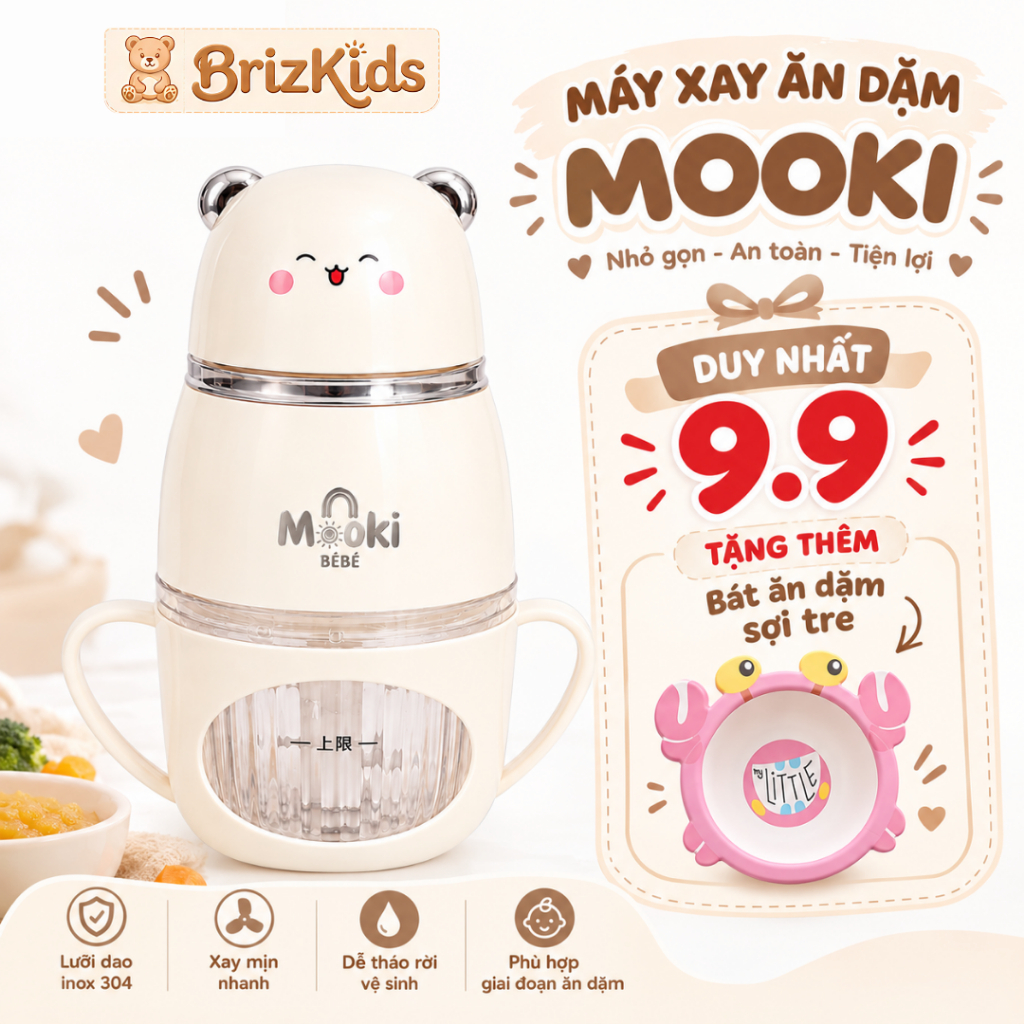 [BH 18 tháng] Máy Xay Ăn Dặm Cho Bé, Máy Xay Mooki, Bản Pro 8 Lưỡi Hình Mèo Màu Kem MK888 - BrizKids