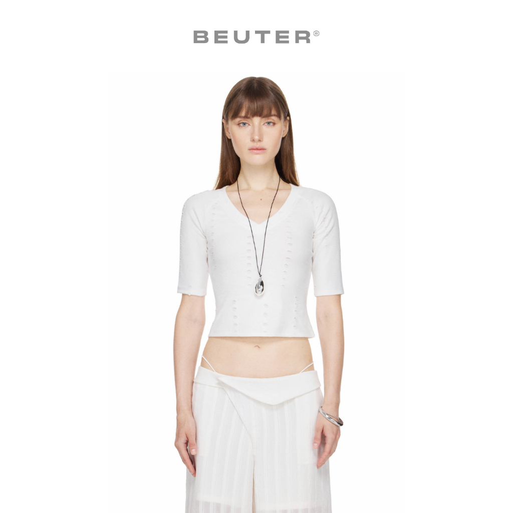 Áo Thun Raglan Nữ Rách Màu Trắng - BEUTER® WMNS DISTRESSED RAGLAN T-SHIRT - WHITE