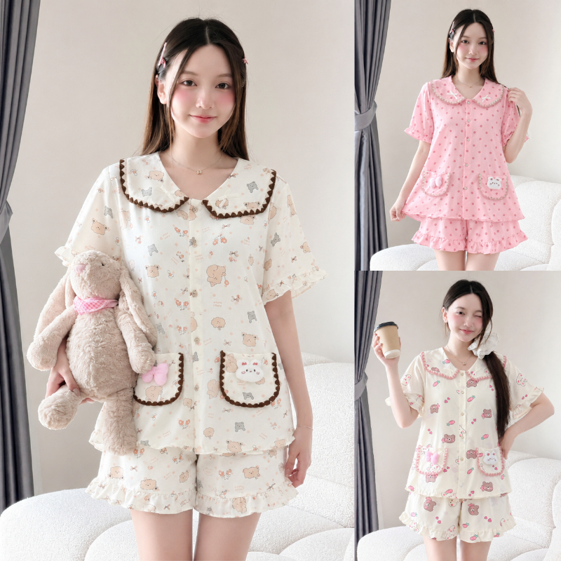 Bộ Đồ Ngủ Nữ Sammy Pijama Đũi Vân Mây Hàn Áo Ngắn Tay Nơ Gấu Ở Túi Nhiều Họa Tiết Xinh Dễ Thương TS3