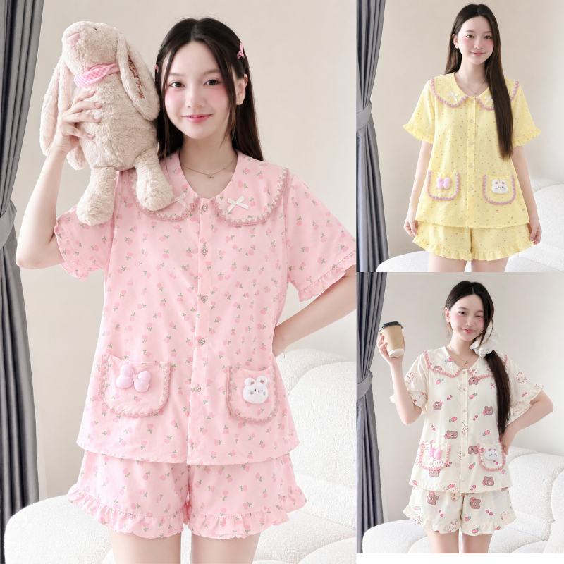Bộ Đồ Ngủ Nữ Sammy Pijama Chất Đũi Vân Mây Hàn Áo Ngắn Tay Mix Nơ Gấu Túi Áo Siêu Xinh Dễ Thương TS03