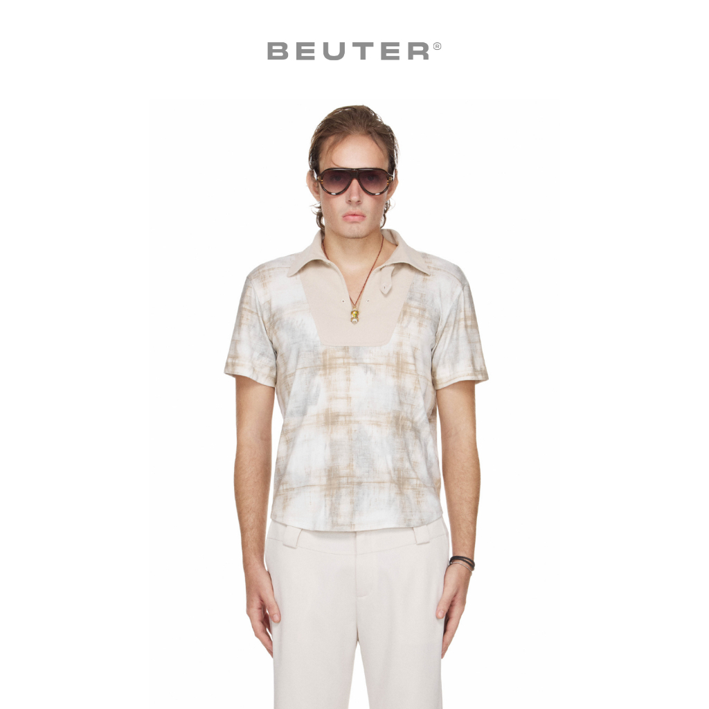 Áo Polo Nam Cổ Xẻ Hoạ Tiết Màu Be - BEUTER® SHAPED RELAXED FIT COLLARED SPLIT-NECK POLO - BEIGE