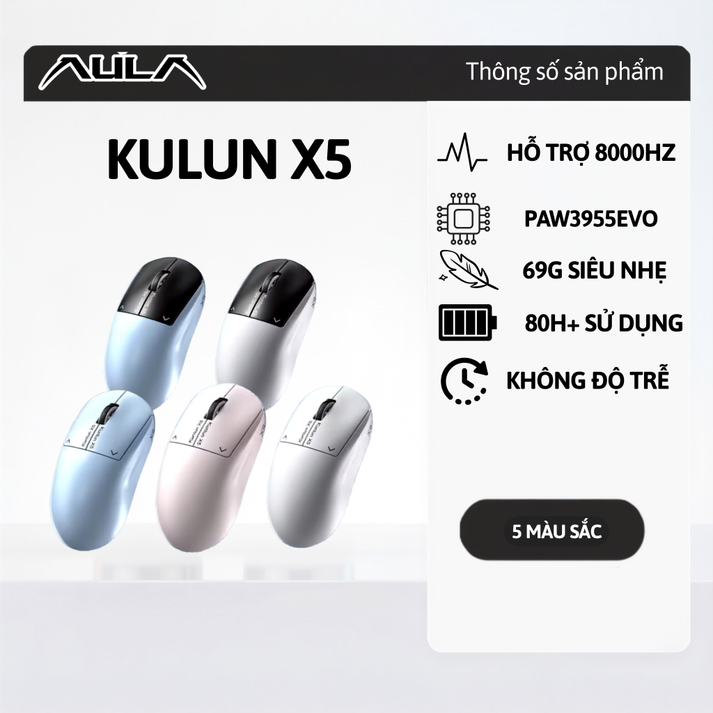 Chuột Không Dây Gaming HE AULA Kunlun X5 3 Mode - 8K Polling Rate, PAW3955EVO 56.000 DPI, Switch Điệ