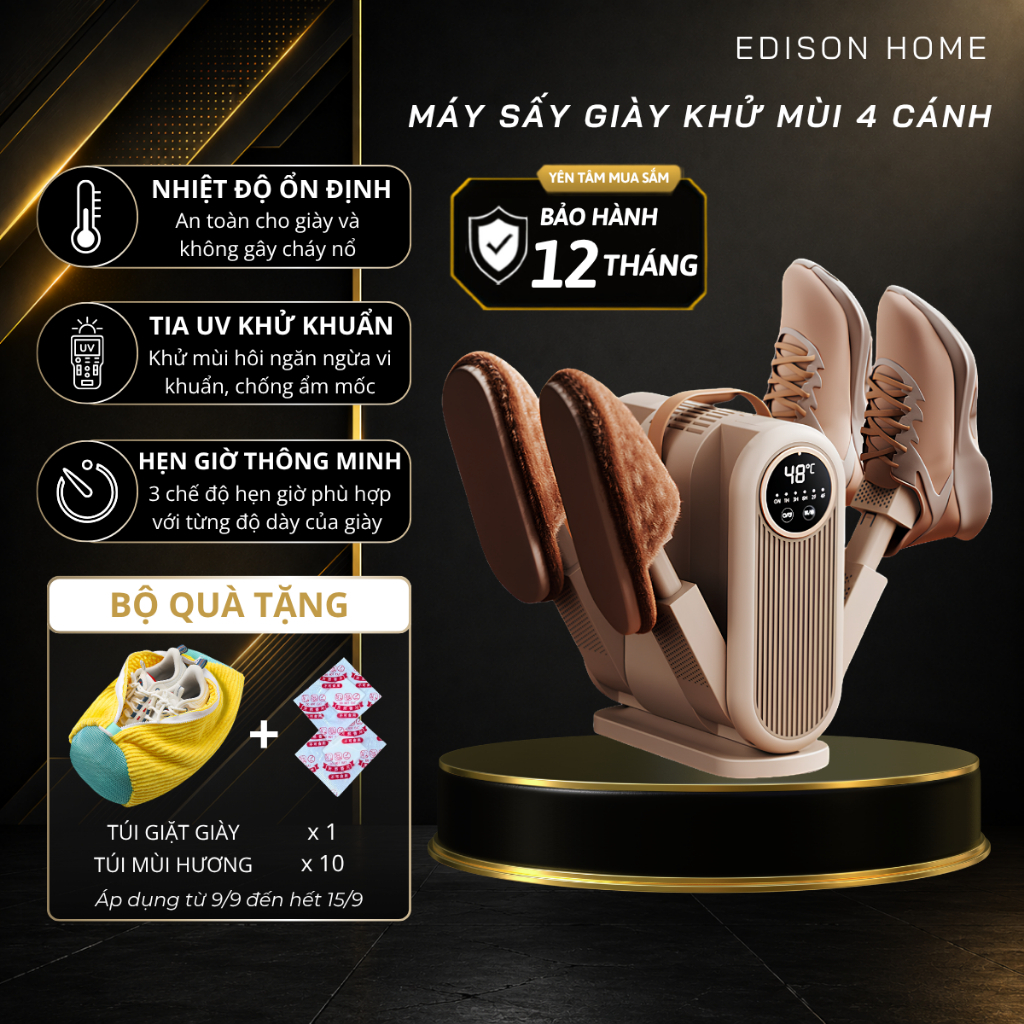 Máy Sấy Giày Dép Khử Mùi Đa Năng Edison Home 4 Cánh Tia UV Kháng Khuẩn Cao Cấp Làm Khô Nhanh