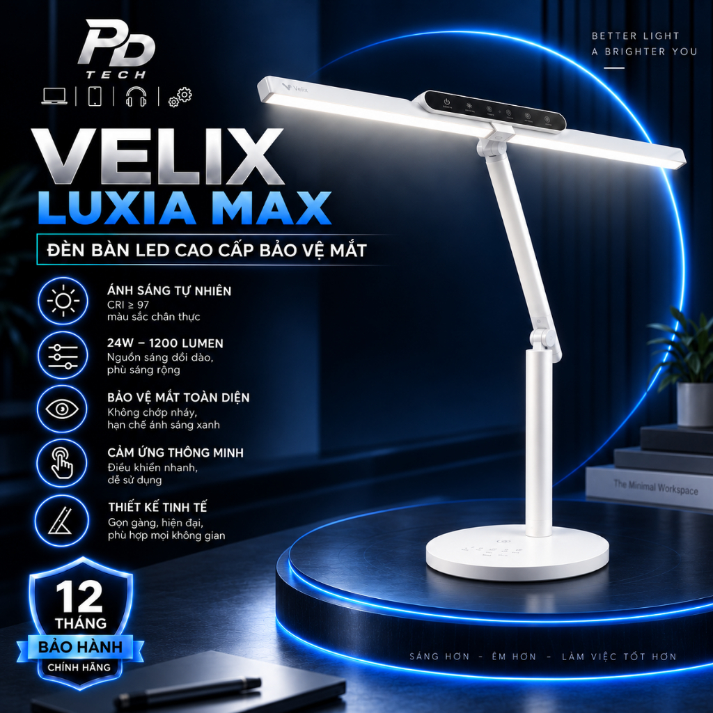 Đèn Bàn Làm Việc Velix Luxia Max V2 24W 1200 Lumen CRI>97 Bảo Vệ Mắt, Cảm Biến Tự Động, Trang Trí - Hàng Chính Hãng