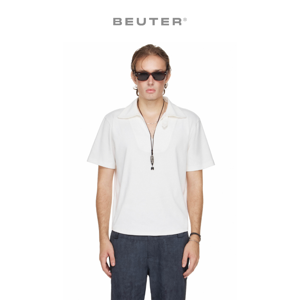 Áo Polo Nam Cổ Xẻ Trơn Màu Trắng - BEUTER® SHAPED RELAXED FIT COLLARED SPLIT-NECK POLO - WHITE