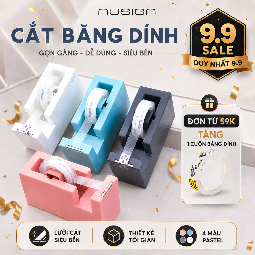 Cắt Băng Dính Mini Để Bàn Nusign Cao Cấp Lưỡi Cắt Sắc Bén Chống Gỉ, Con Lăn Trơn Tru, Đế Chống Trượt 4 Màu Siêu Xinh